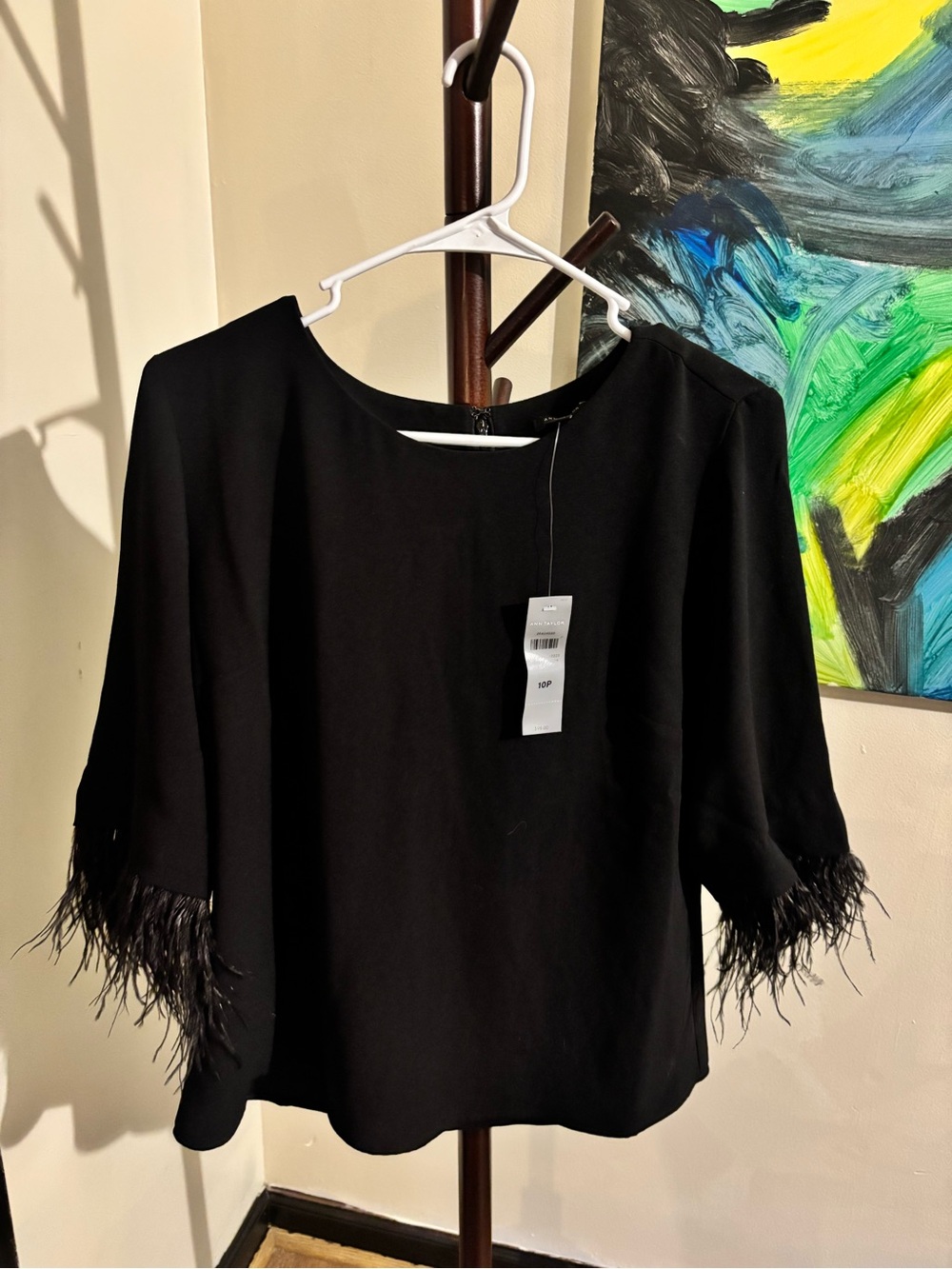 NWT ANN TAYLOR PETITE BLACK FEATHER CUFF BLOUSE 10p